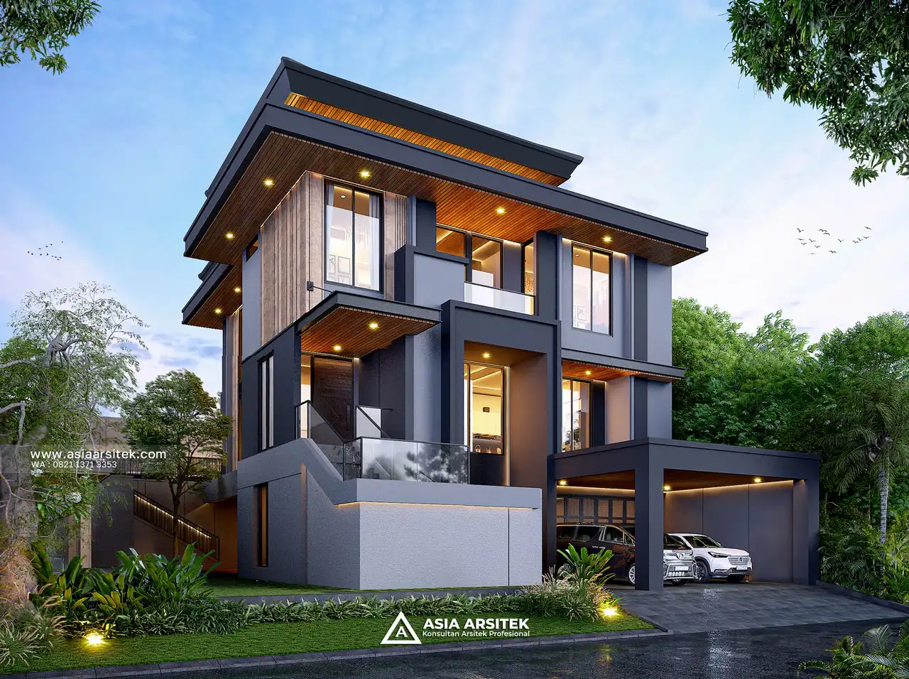 Desain Depan Rumah Modern 3 Lantai Ibu LS di BSD Tangerang Selatan