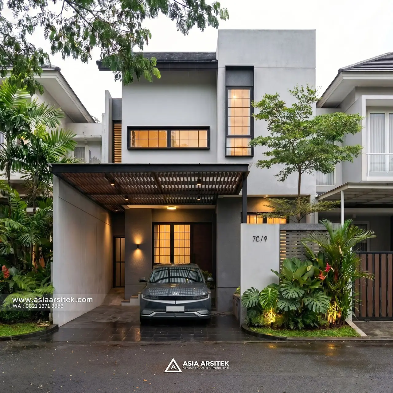Desain Fasad Depan Rumah Minimalis Modern 2 Lantai Ibu KMA di Kemayoran Jakarta Pusat