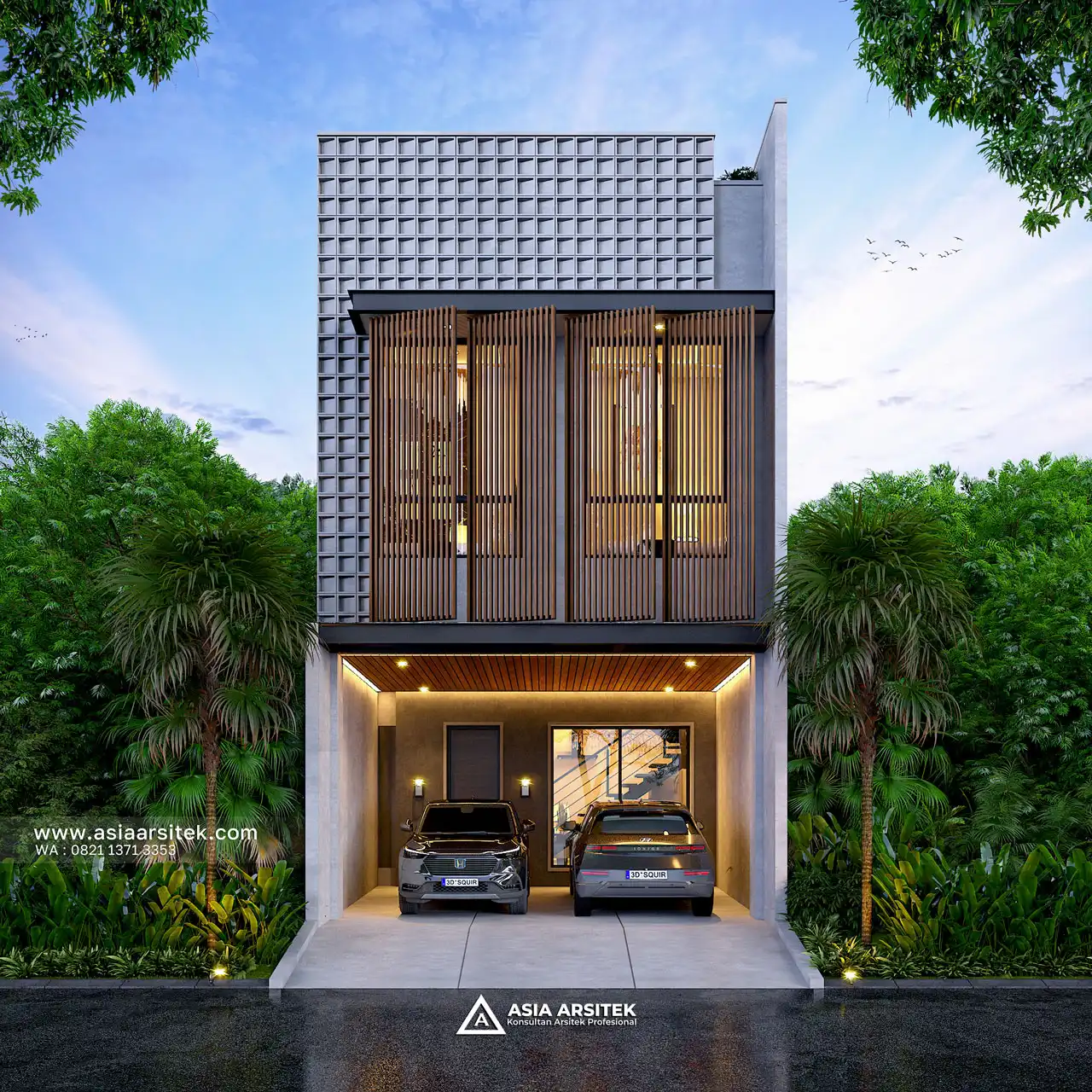 Desain Fasad Depan Rumah Minimalis Modern 3 Lantai Ibu ANTS di Kalideres Jakarta Barat
