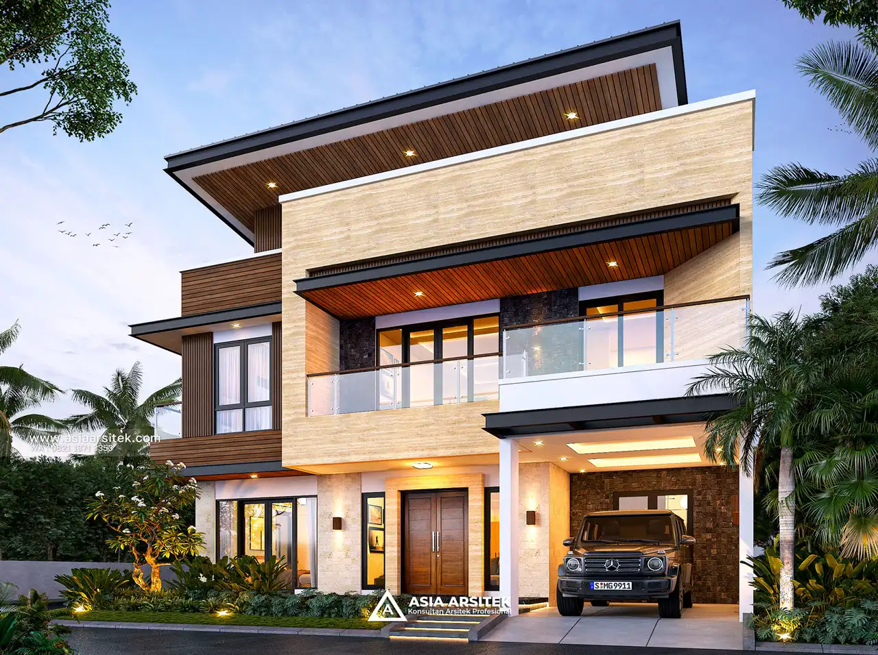 Desain Fasad Depan Rumah Modern 2 Lantai Ibu SSN di Cileungsi Bogor