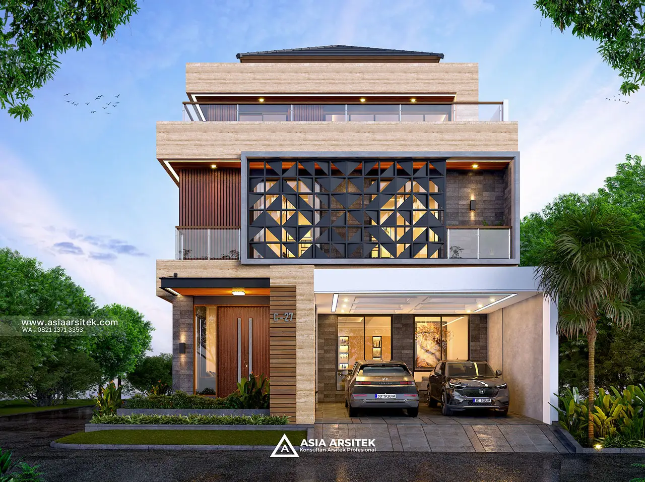 Desain Fasad Depan Rumah Modern 3 Lantai Bapak SFL di Bintara Bekasi