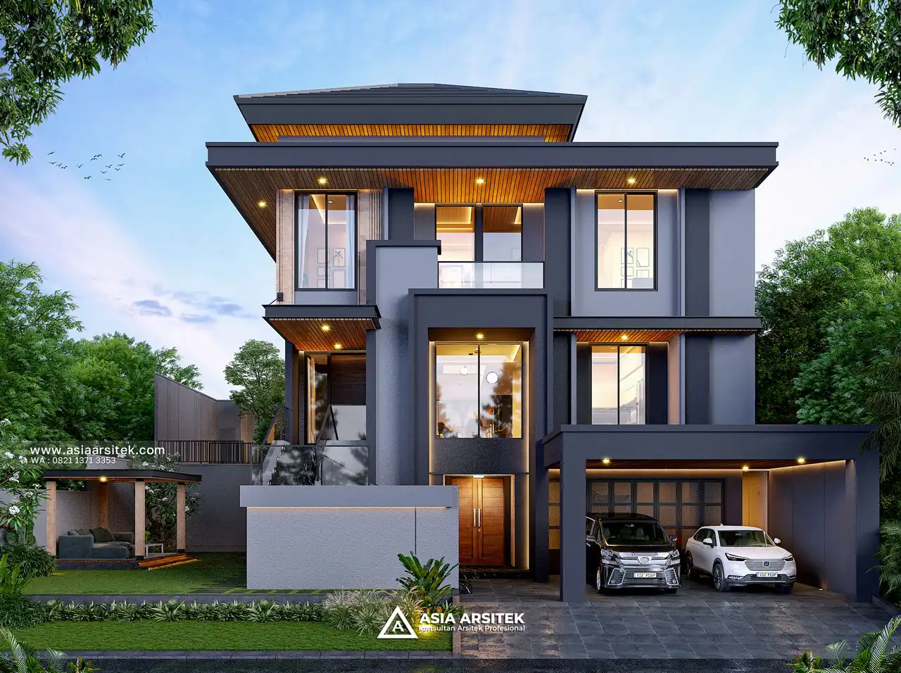 Desain Fasad Depan Rumah Modern 3 Lantai Ibu LS di BSD Tangerang Selatan