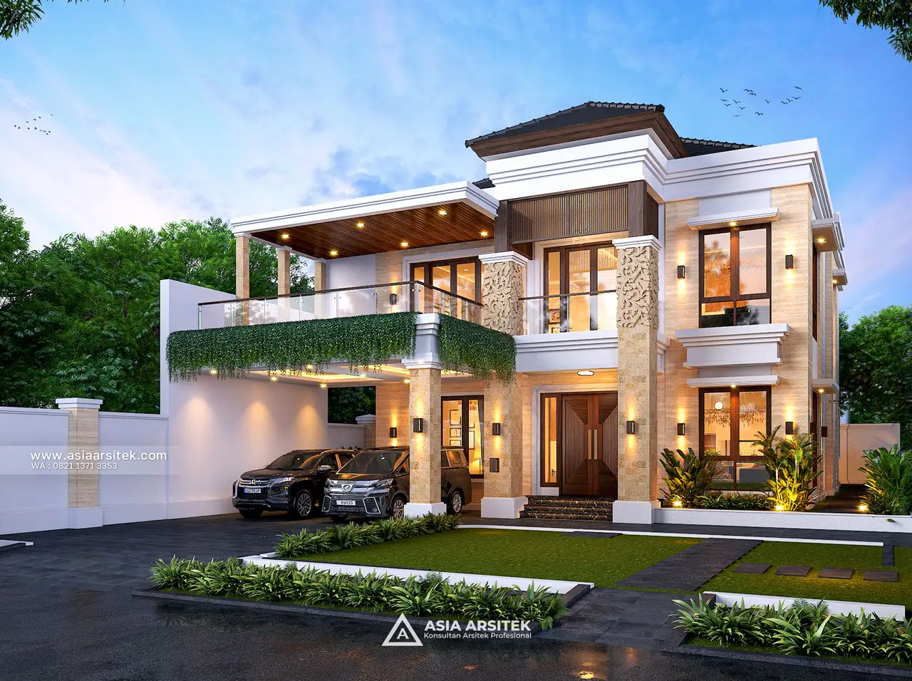 Desain Fasad Depan Rumah Tropis 2 Lantai Bapak BDR di Pererenan Badung Bali