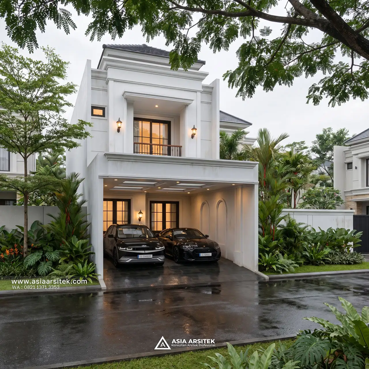 Desain Fasad Depan Rumah Tropis 2 Lantai Ibu BL di Tanjung Priok Jakarta Utara