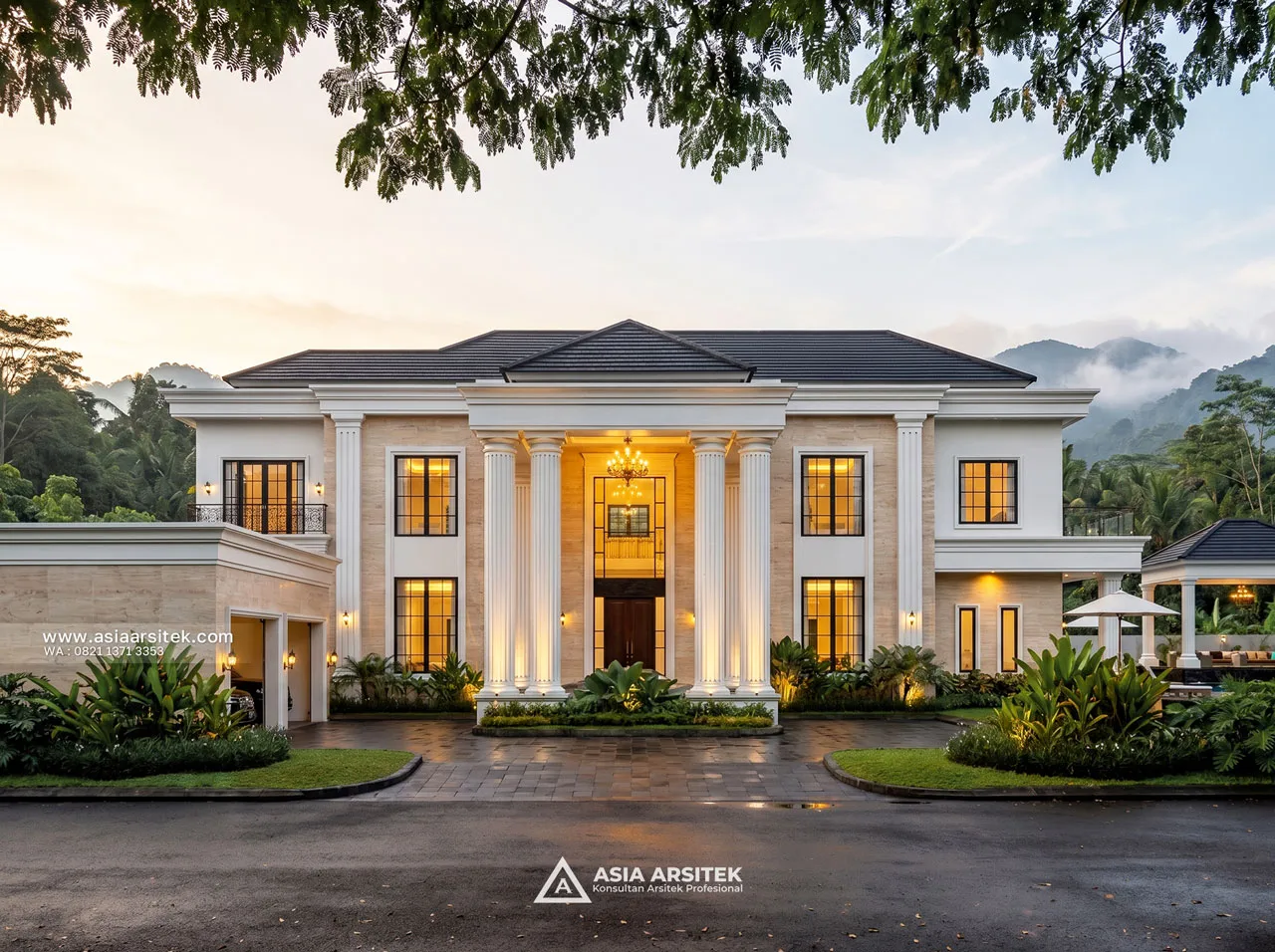 Desain Fasad Depan Villa Mansion Mewah 2 Lantai Bapak EB di Sentul City Bogor