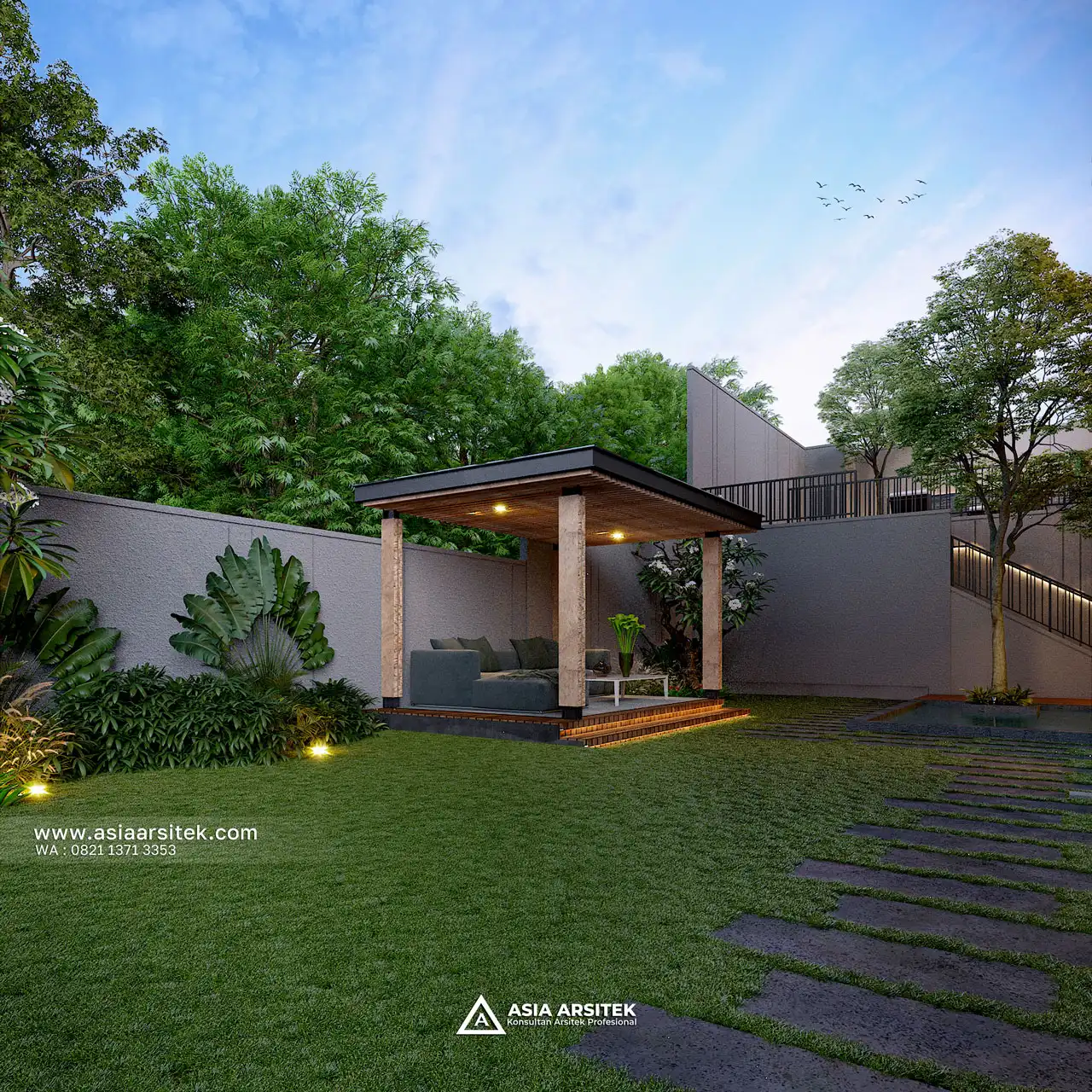 Desain Gazebo Rumah Modern 3 Lantai Ibu LS di BSD Tangerang Selatan