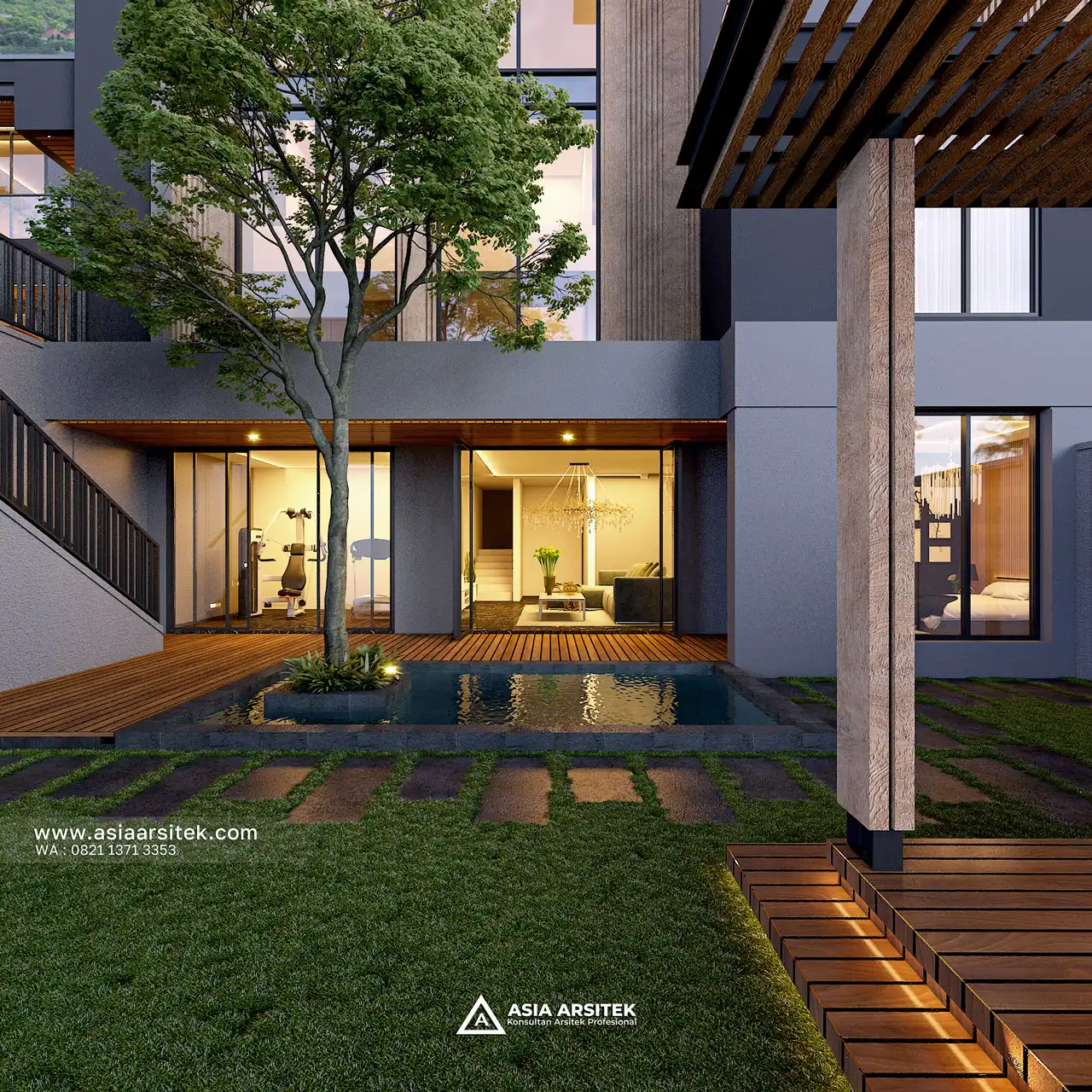 Desain Kolam Ikan Rumah Modern 3 Lantai Ibu LS di BSD Tangerang Selatan