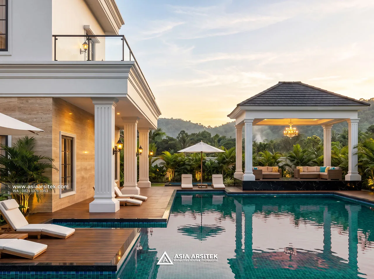 Desain Kolam Renang Elegan Villa Mansion Mewah 2 Lantai Bapak EB di Sentul City Bogor