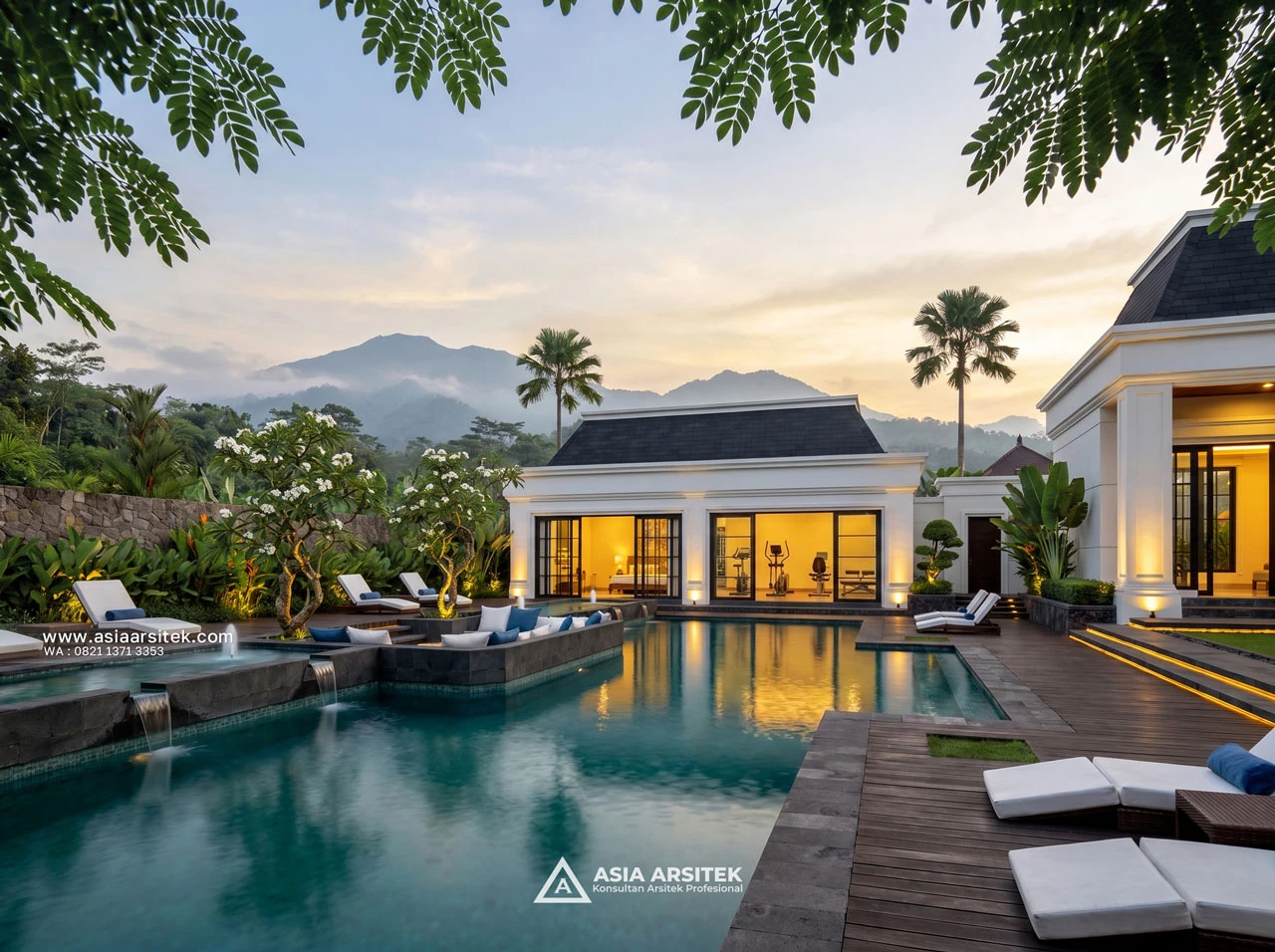 Desain Kolam Renang Rumah Klasik 1 Lantai Ibu WN di Megamendung Bogor