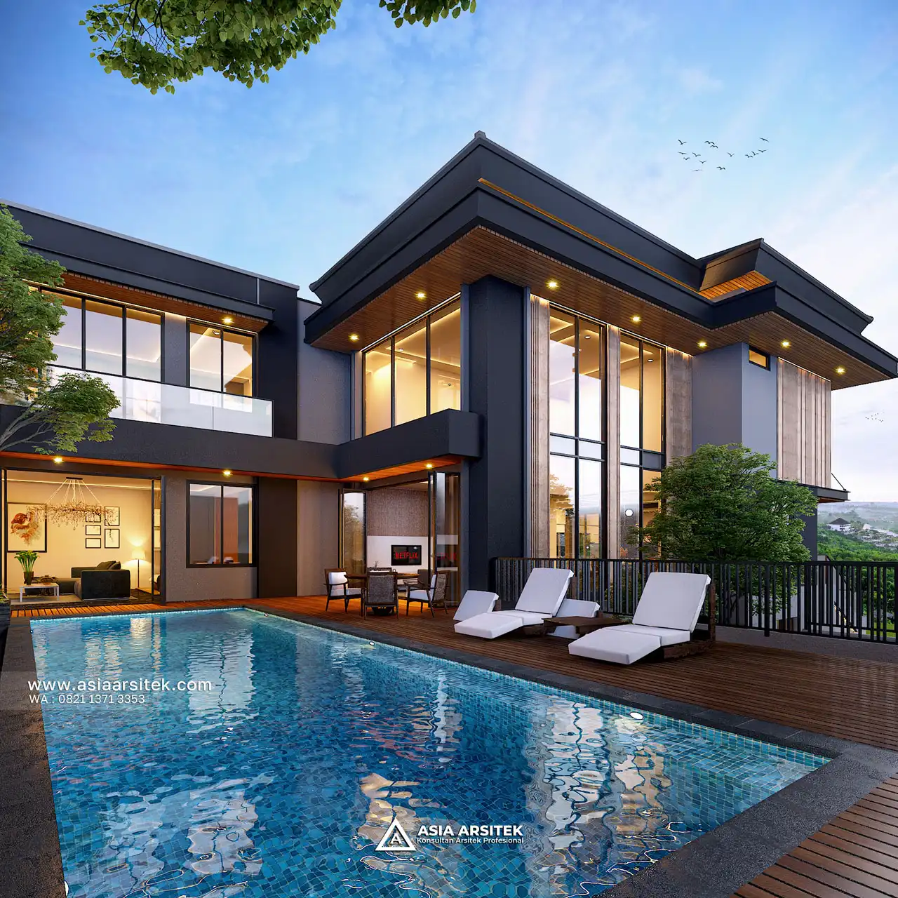 Desain Kolam Renang Rumah Modern 3 Lantai Ibu LS di BSD Tangerang Selatan