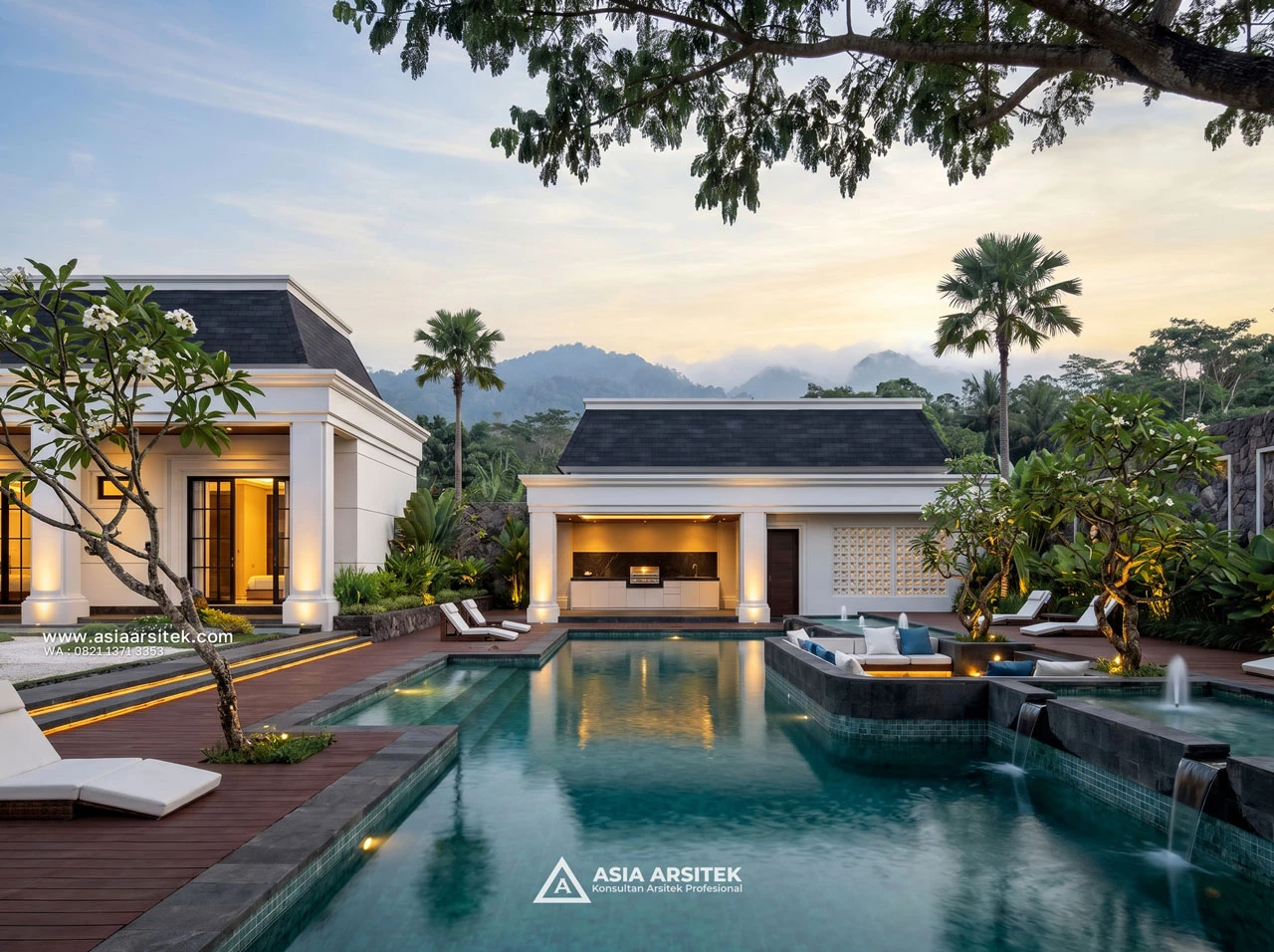 Desain Kolam Renang Villa Rumah Klasik 1 Lantai Ibu WN di Megamendung Bogor