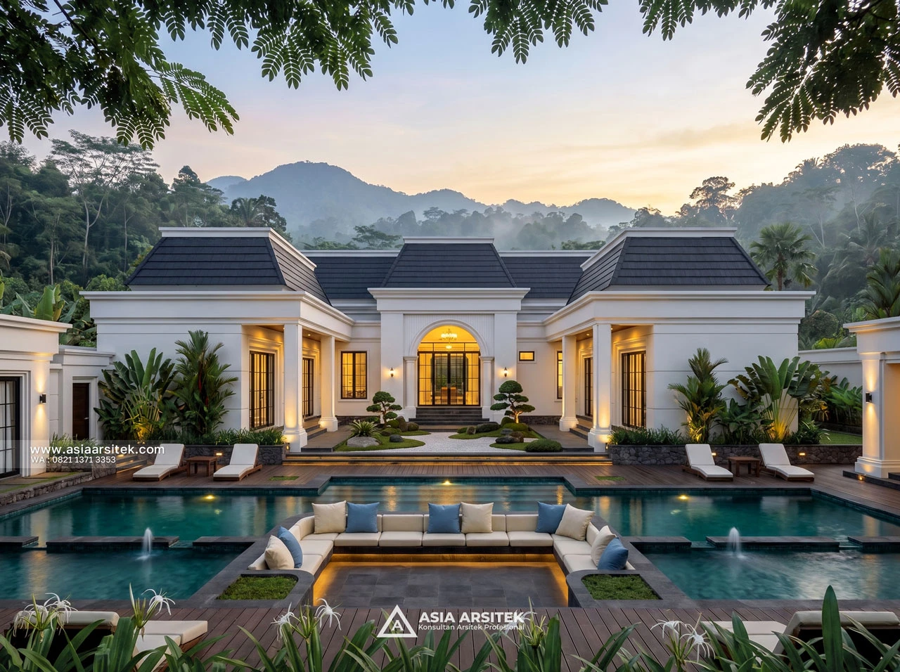 Desain Kolam Renang dan Tampak Belakang Rumah Klasik 1 Lantai Ibu WN di Megamendung Bogor