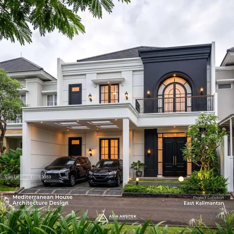 Desain Rumah Mediterania 2 Lantai Ibu WT di Samarinda Kalimantan Timur