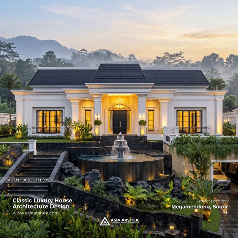 Desain Rumah Villa Klasik 1 Lantai Ibu WN di Megamendung Bogor