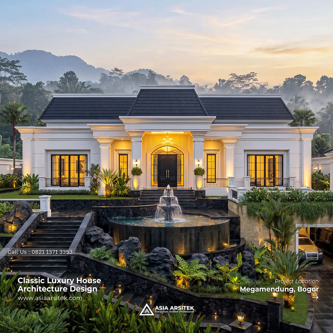 Desain Rumah Villa Klasik 1 Lantai Ibu WN di Megamendung Bogor