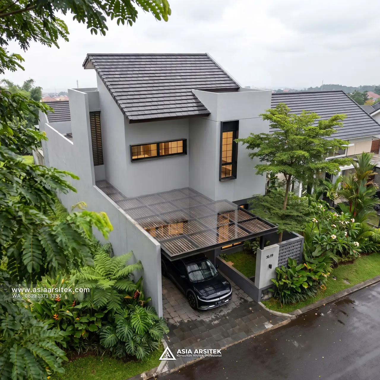 Desain Tampak Atas Depan Rumah Minimalis Modern 2 Lantai Ibu KMA di Kemayoran Jakarta Pusat