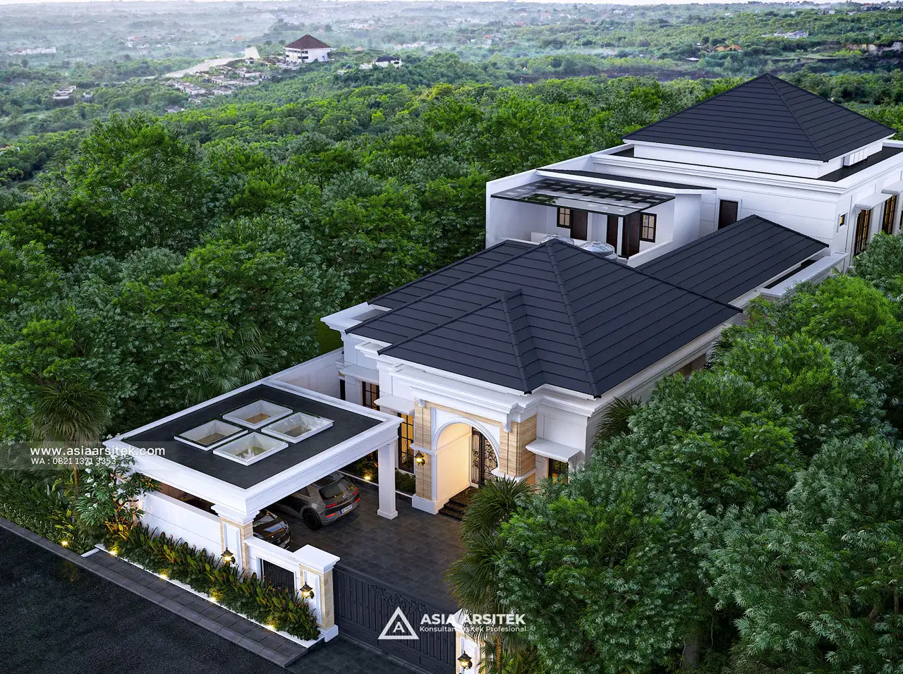 Desain Tampak Atas Depan Rumah Tropis 2 Lantai Bapak RMF di Cipayung Jakarta Timur