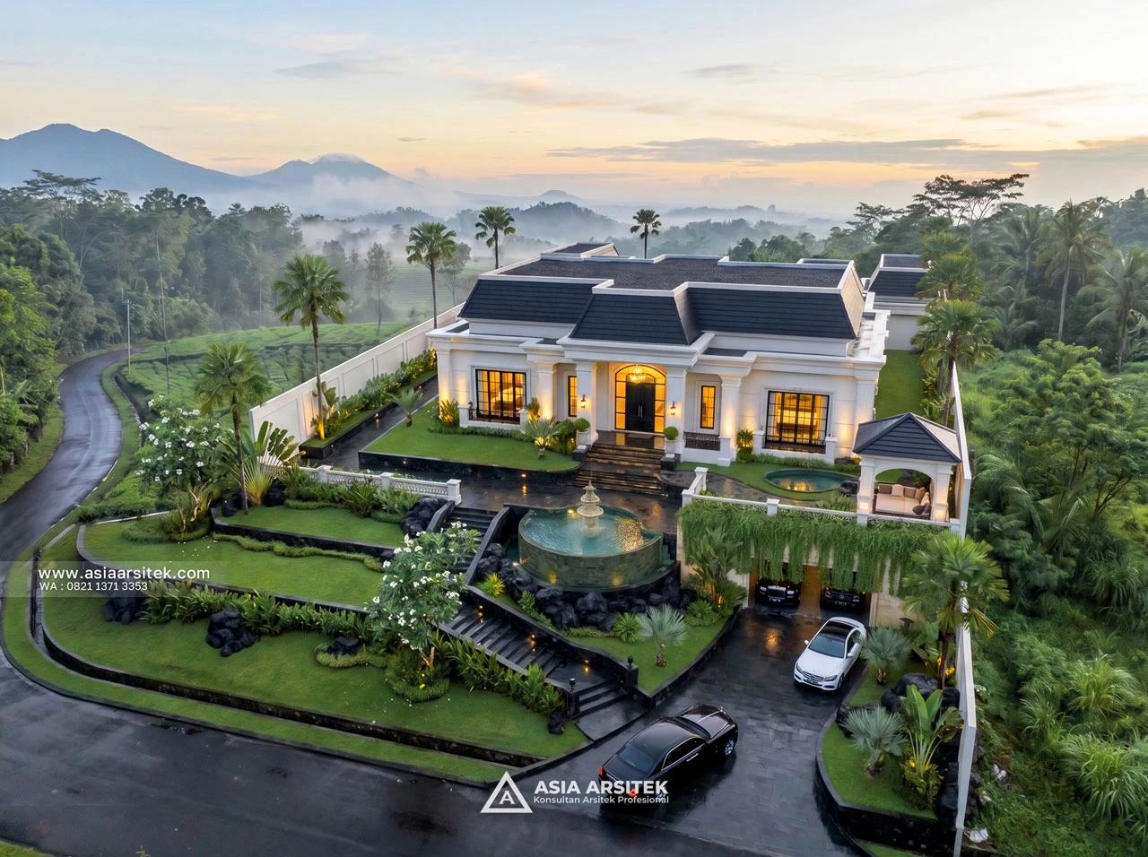 Desain Tampak Atas Depan Villa Rumah Klasik 1 Lantai Ibu WN di Megamendung Bogor