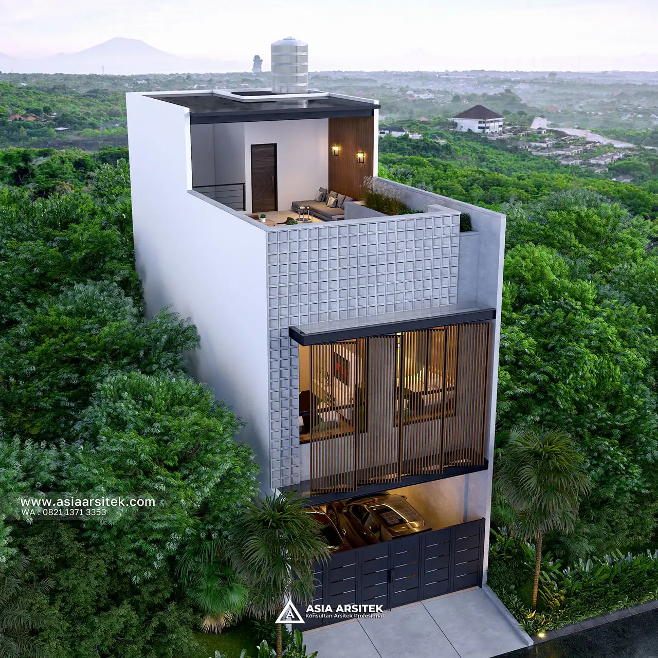 Desain Tampak Atas Rumah Minimalis Modern 3 Lantai Ibu ANTS di Kalideres Jakarta Barat