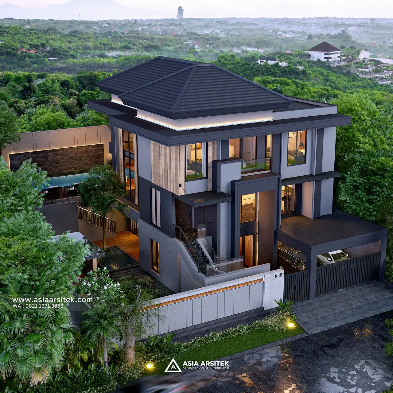 Desain Tampak Atas Rumah Modern 3 Lantai Ibu LS di BSD Tangerang Selatan