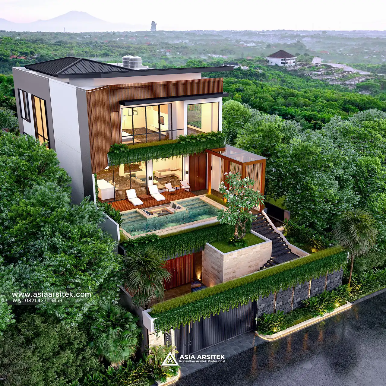 Desain Tampak Atas Rumah Modern Mewah 3 Lantai Ibu LDY di Uluwatu Bali