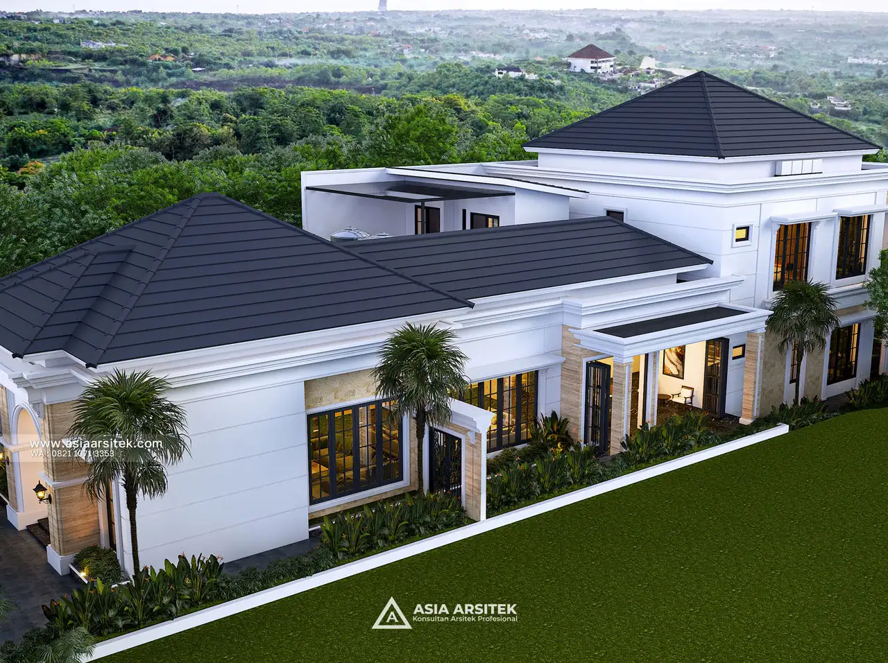 Desain Tampak Atas Samping Kanan Rumah Tropis 2 Lantai Bapak RMF di Cipayung Jakarta Timur