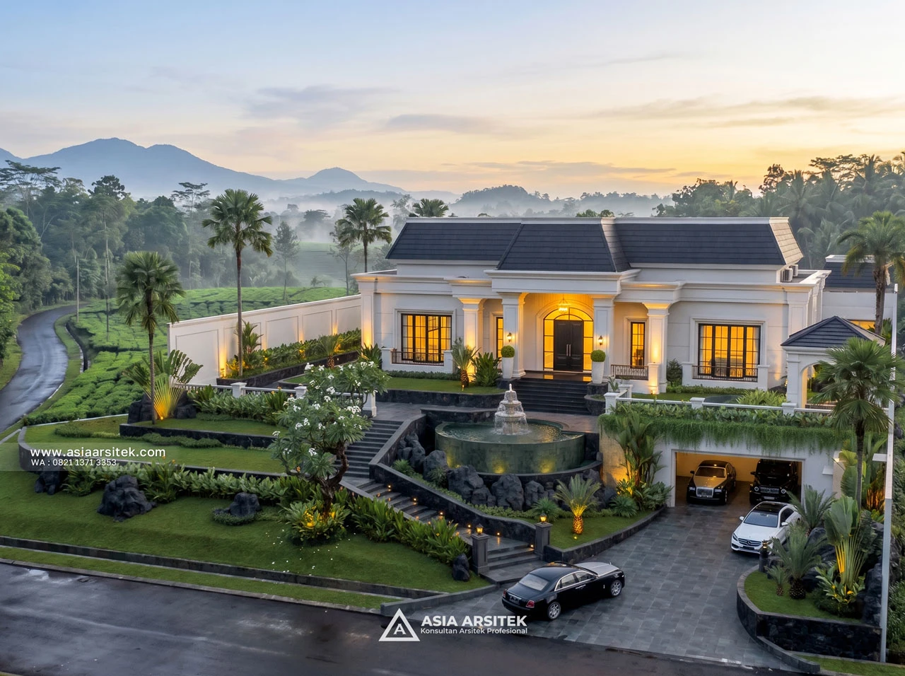 Desain Tampak Atas Villa Rumah Klasik 1 Lantai Ibu WN di Megamendung Bogor