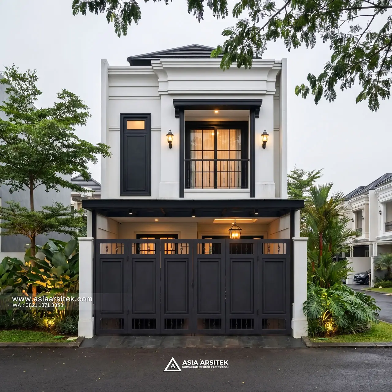 Desain Tampak Depan Rumah Mediterana 2 Lantai Ibu BL di Tanjung Priok Jakarta Utara