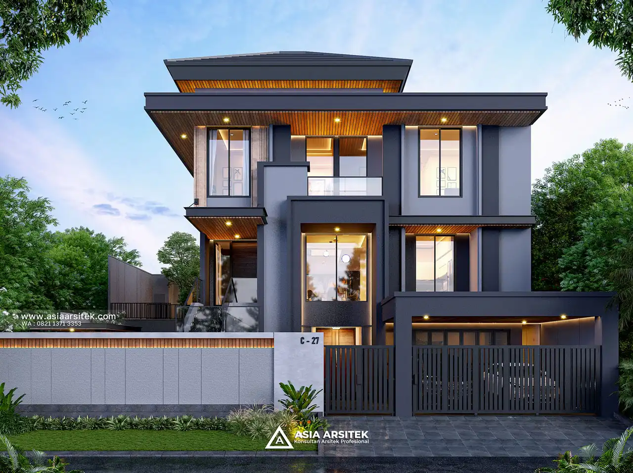 Desain Tampak Depan Rumah Modern 3 Lantai Ibu LS di BSD Tangerang Selatan