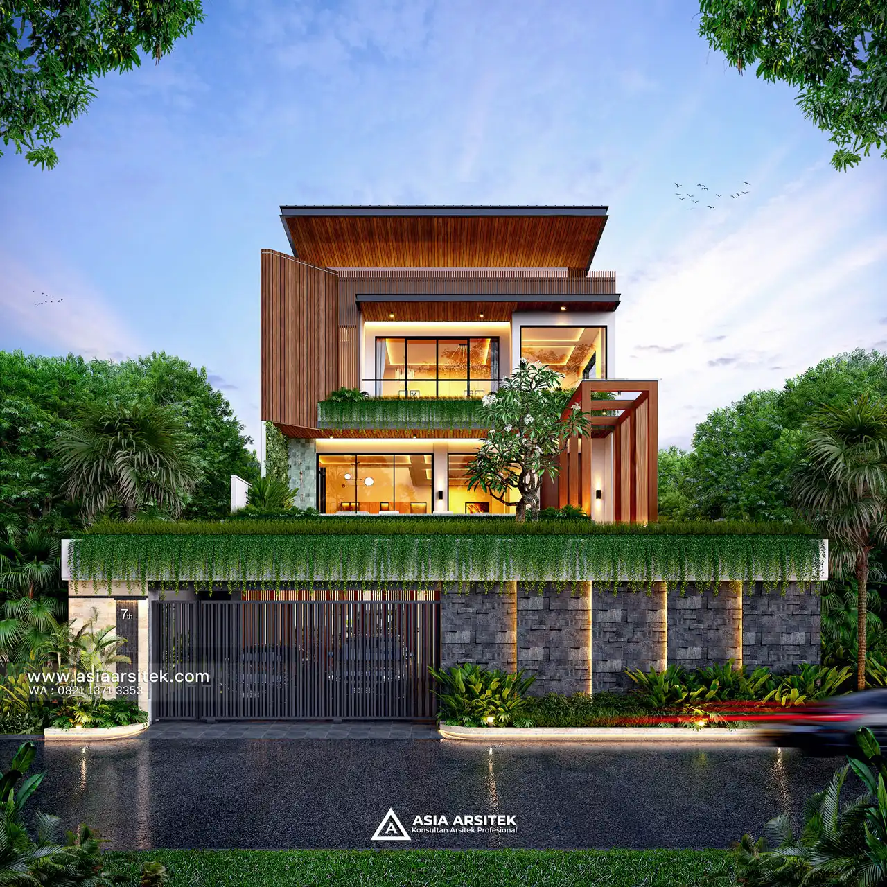 Desain Tampak Depan Rumah Modern Mewah 3 Lantai Ibu LDY di Uluwatu Bali