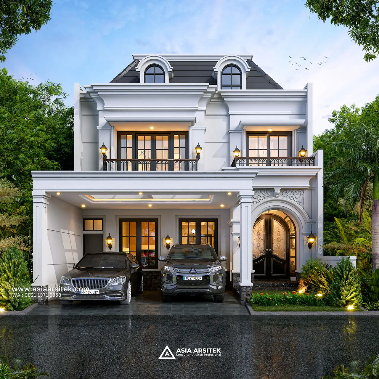 Desain Tampak Depan Rumah Tropis 2 Lantai Bapak AG di Bandung Jawa Barat