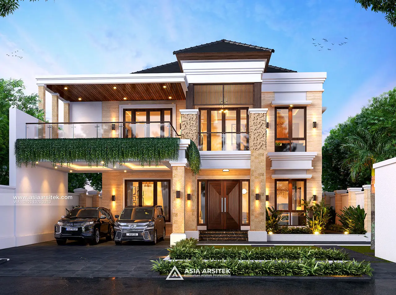 Desain Tampak Depan Rumah Tropis 2 Lantai Bapak BDR di Pererenan Badung Bali