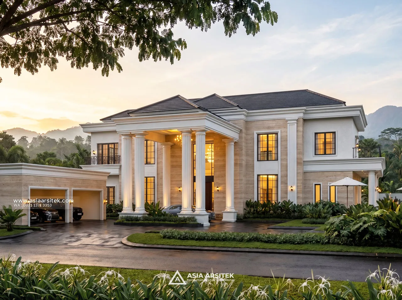 Desain Tampak Depan Villa Mansion Mewah 2 Lantai Bapak EB di Sentul City Bogor