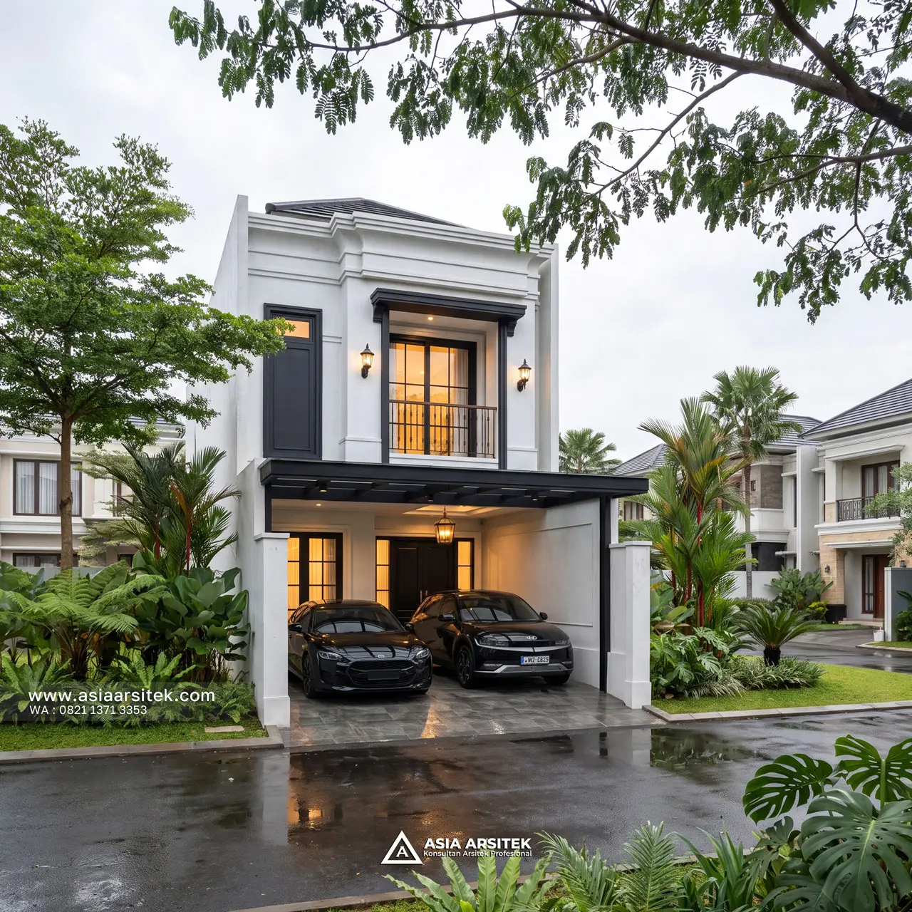 Desain Tampak Fasad Depan Rumah Mediterana 2 Lantai Ibu BL di Tanjung Priok Jakarta Utara