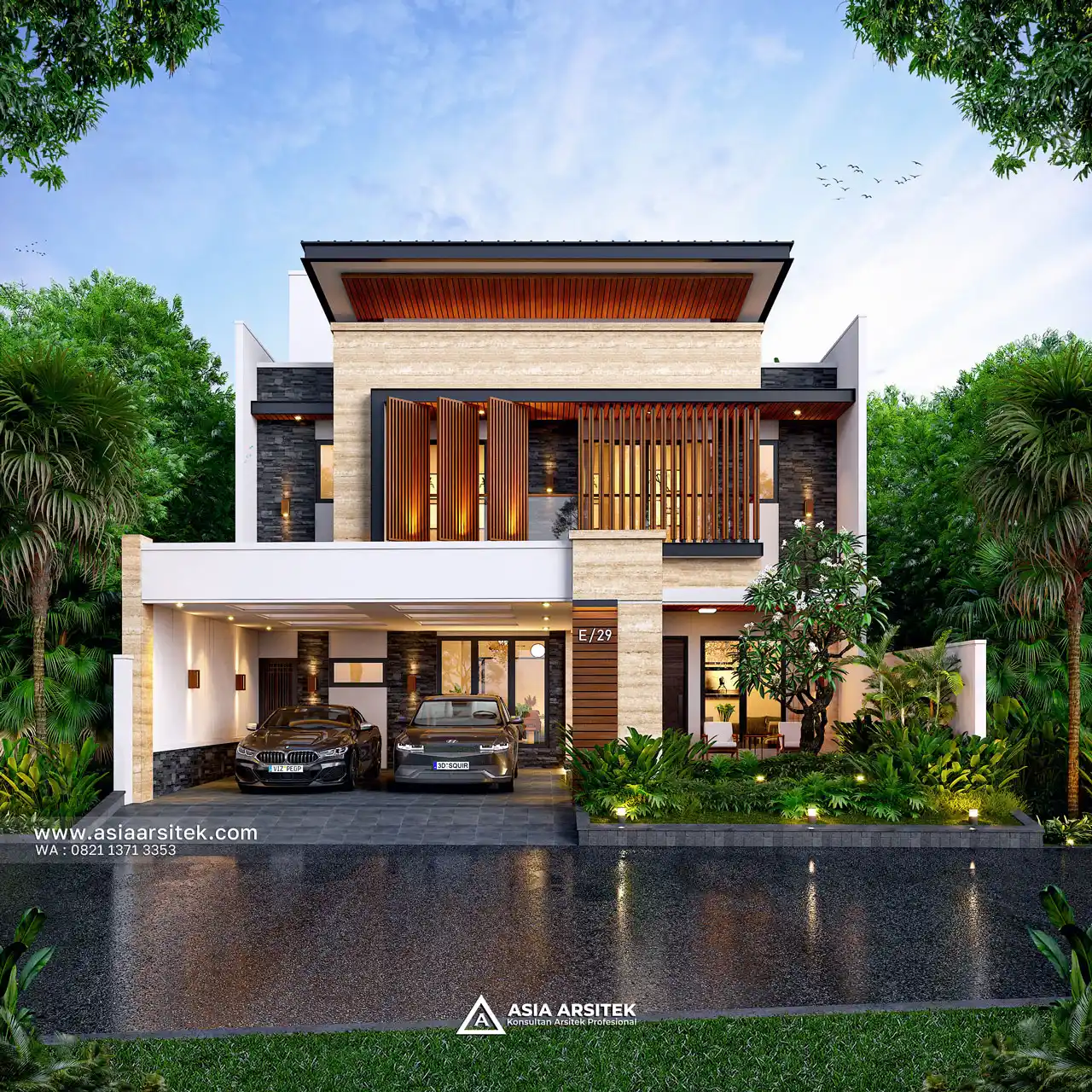 Desain Tampak Fasad Depan Rumah Minimalis Modern 2 Lantai Bapak HRM di Duren Sawit Jakarta Timur