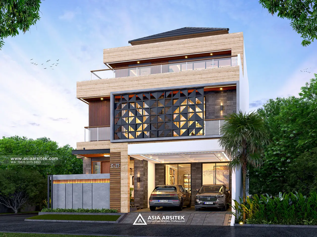 Desain Tampak Fasad Depan Rumah Modern 3 Lantai Bapak SFL di Bintara Bekasi