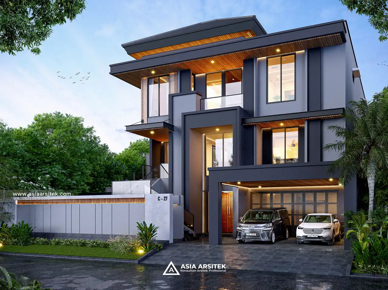 Desain Tampak Fasad Depan Rumah Modern 3 Lantai Ibu LS di BSD Tangerang Selatan