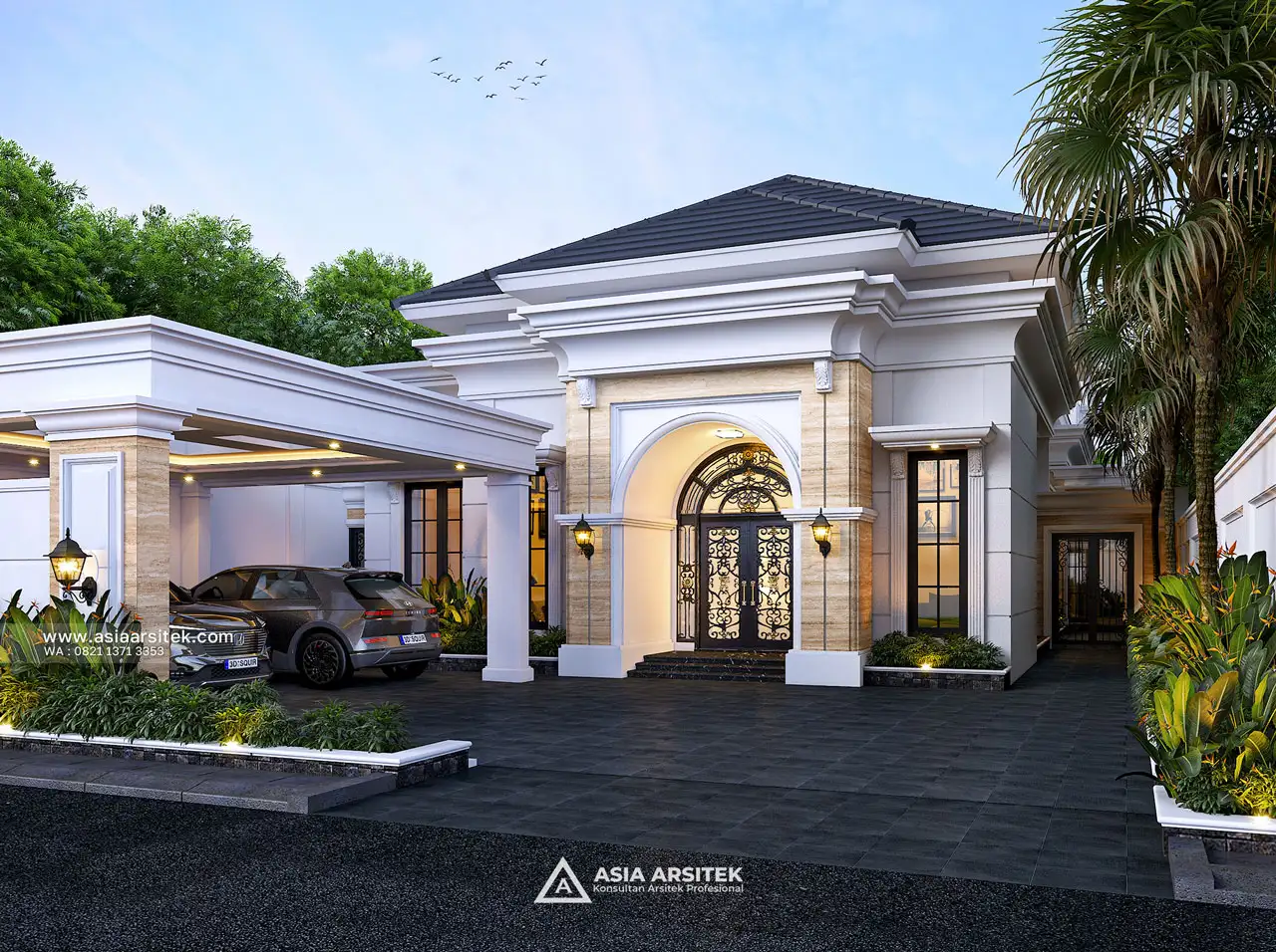 Desain Tampak Fasad Depan Rumah Tropis 2 Lantai Bapak RMF di Cipayung Jakarta Timur