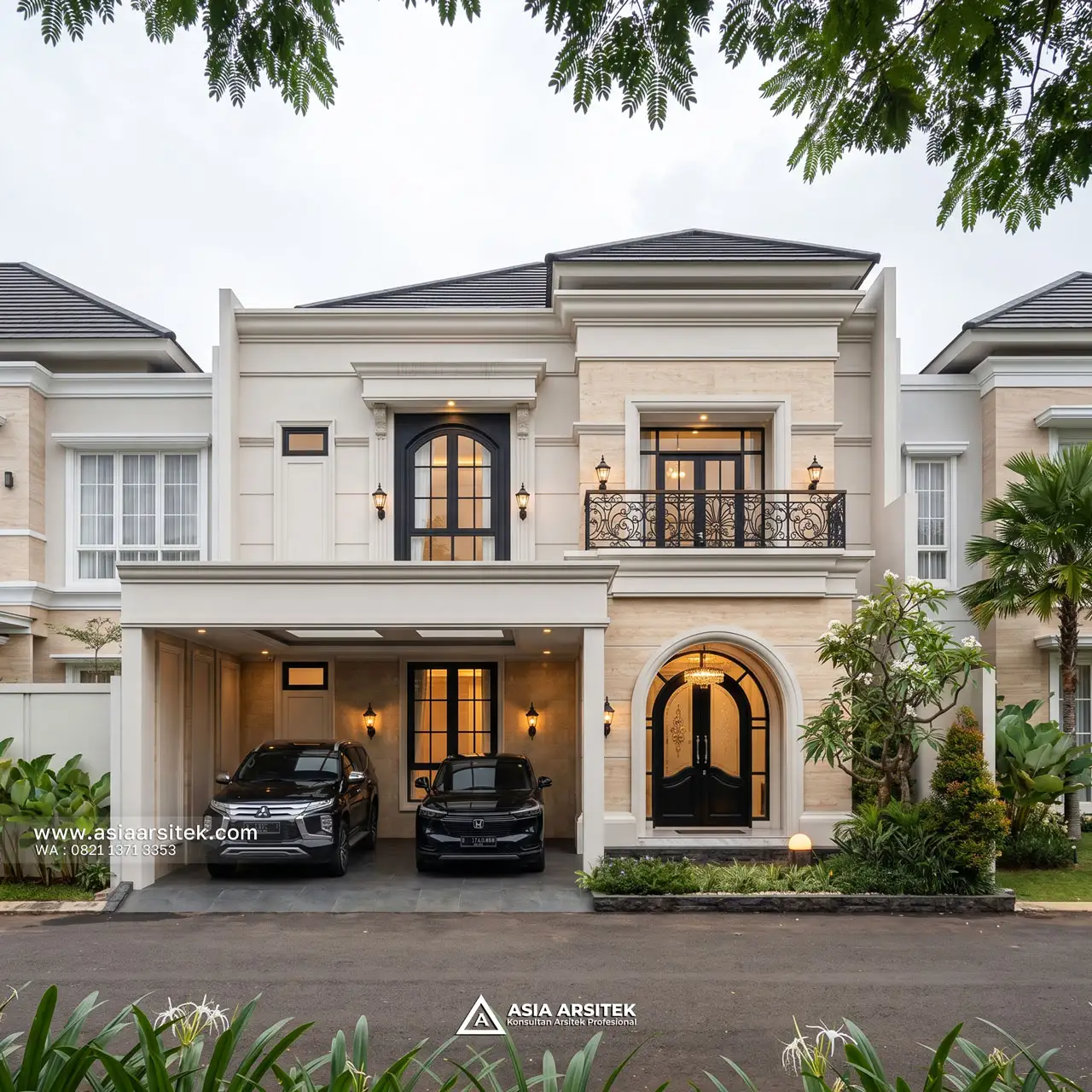 Desain Tampak Fasad Depan Rumah Tropis 2 Lantai Bapak RR di Balikpapan Kalimantan Timur