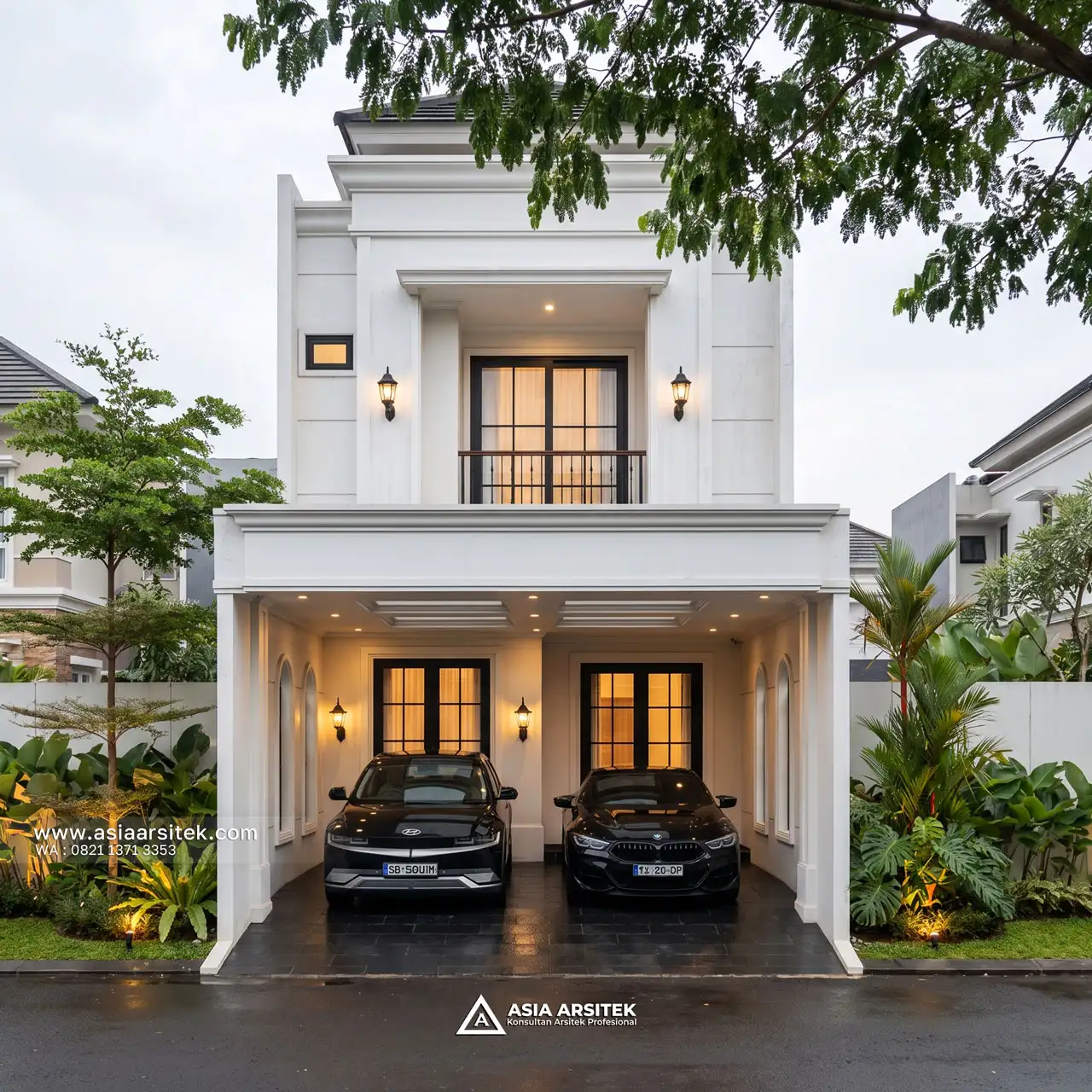 Desain Tampak Fasad Depan Rumah Tropis 2 Lantai Ibu BL di Tanjung Priok Jakarta Utara