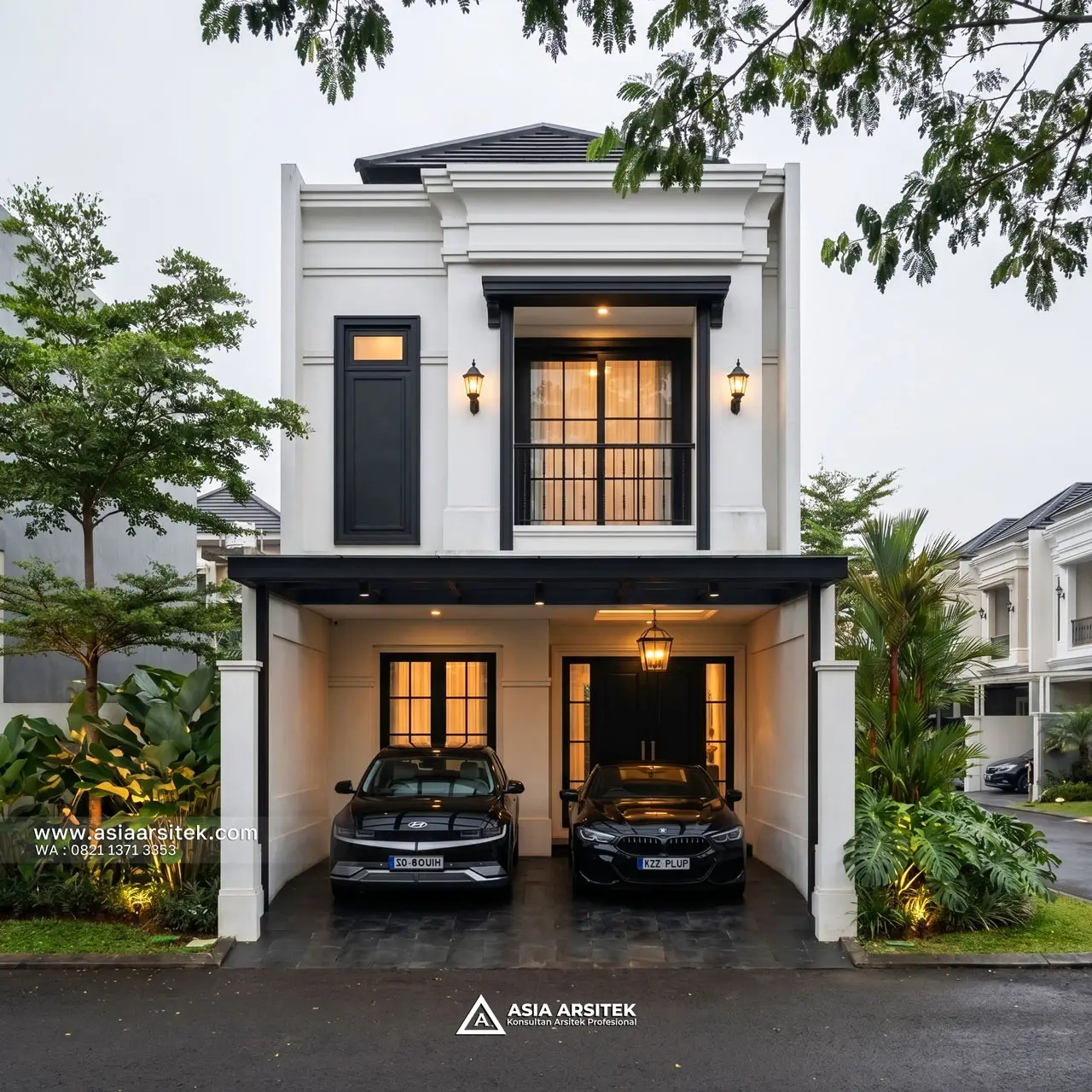 Desain Tampak Fasad Rumah Mediterana 2 Lantai Ibu BL di Tanjung Priok Jakarta Utara