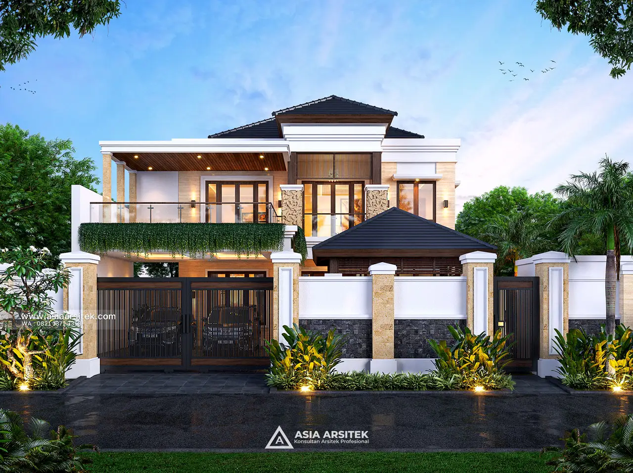 Desain Tampak Fasad Rumah Tropis 2 Lantai Bapak BDR di Pererenan Badung Bali