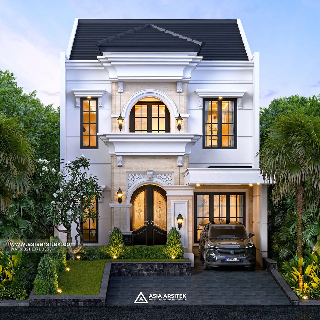 Desain Tampak Fasad Rumah Tropis 2 Lantai Bapak GNY di Duren Sawit Jakarta Timur