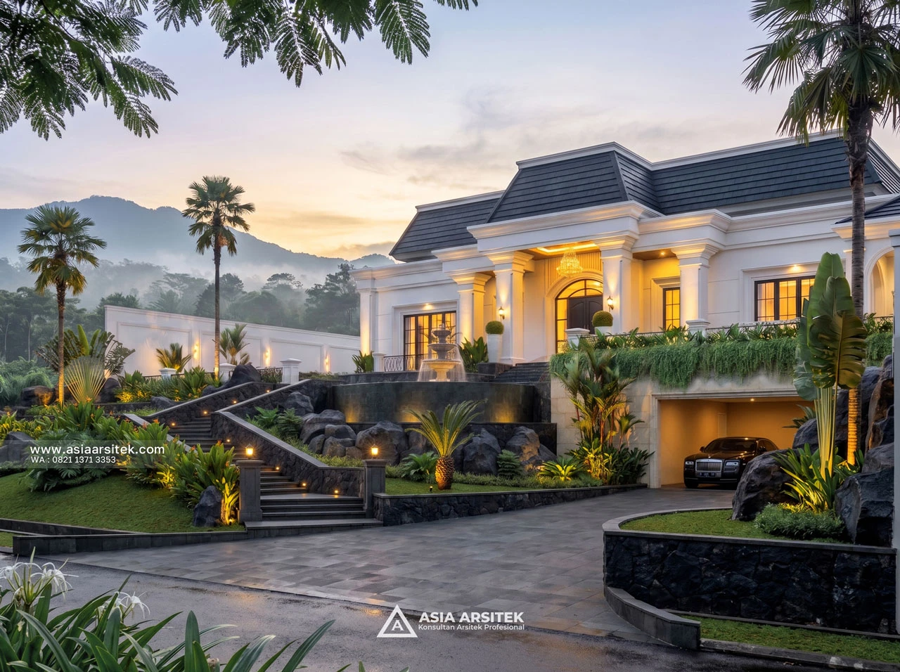 Desain Tampak Fasad Villa Rumah Klasik 1 Lantai Ibu WN di Megamendung Bogor