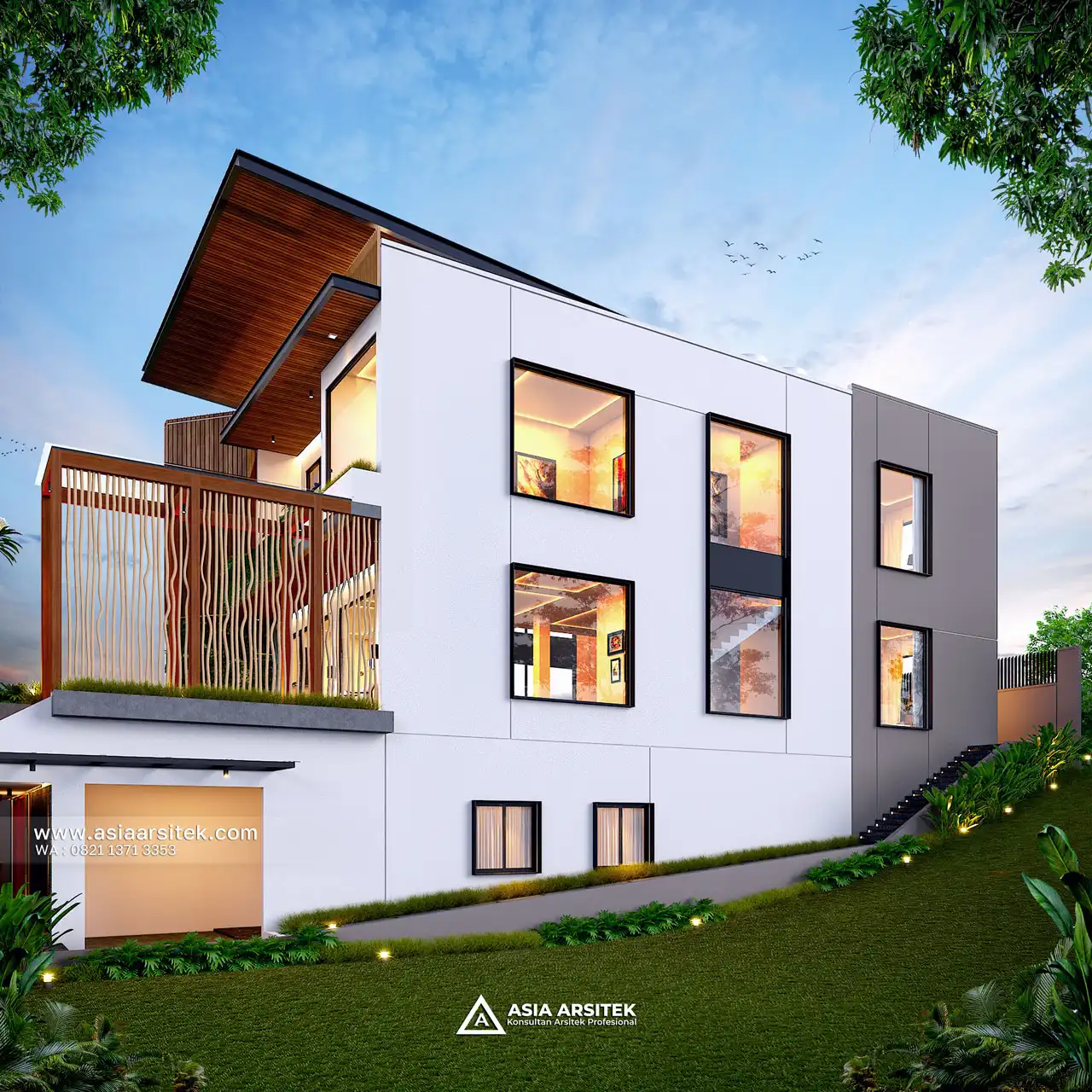 Desain Tampak Samping Kanan Rumah Modern Mewah 3 Lantai Ibu LDY di Uluwatu Bali
