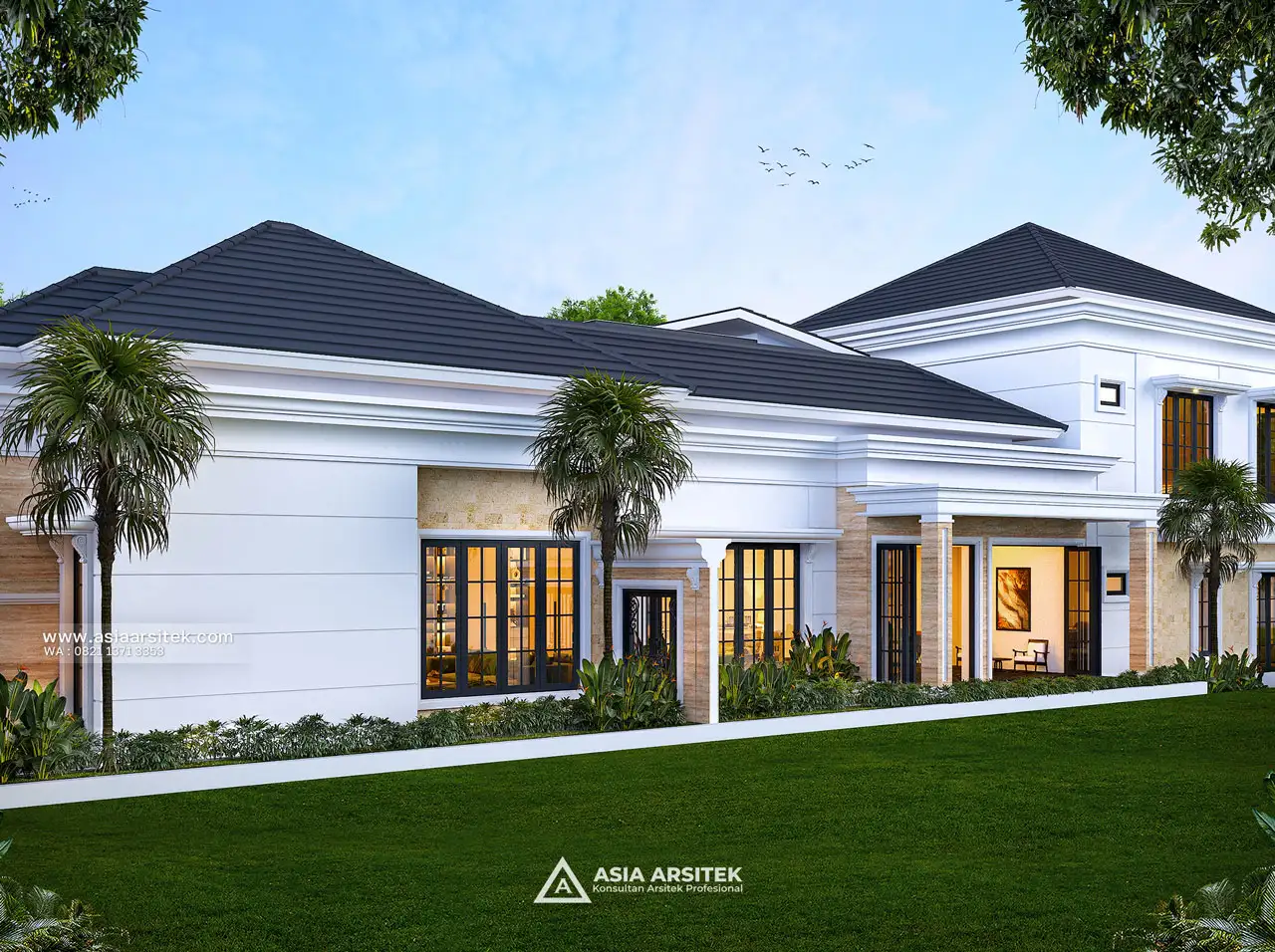 Desain Tampak Samping Kanan Rumah Tropis 2 Lantai Bapak RMF di Cipayung Jakarta Timur