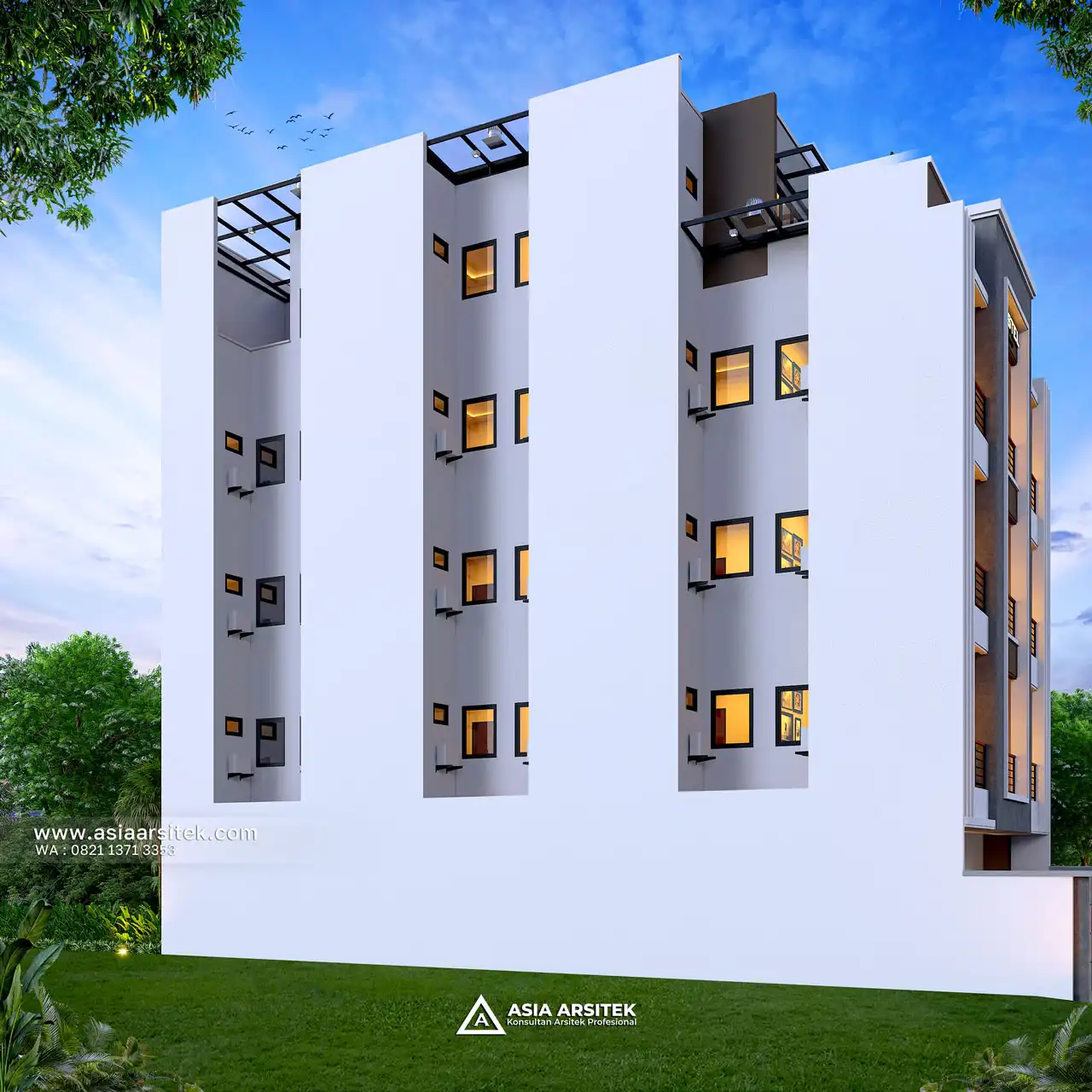Desain Tampak Samping Kiri Rumah Kost 5 Lantai Bapak ROR di Makassar Sulawesi Selatan