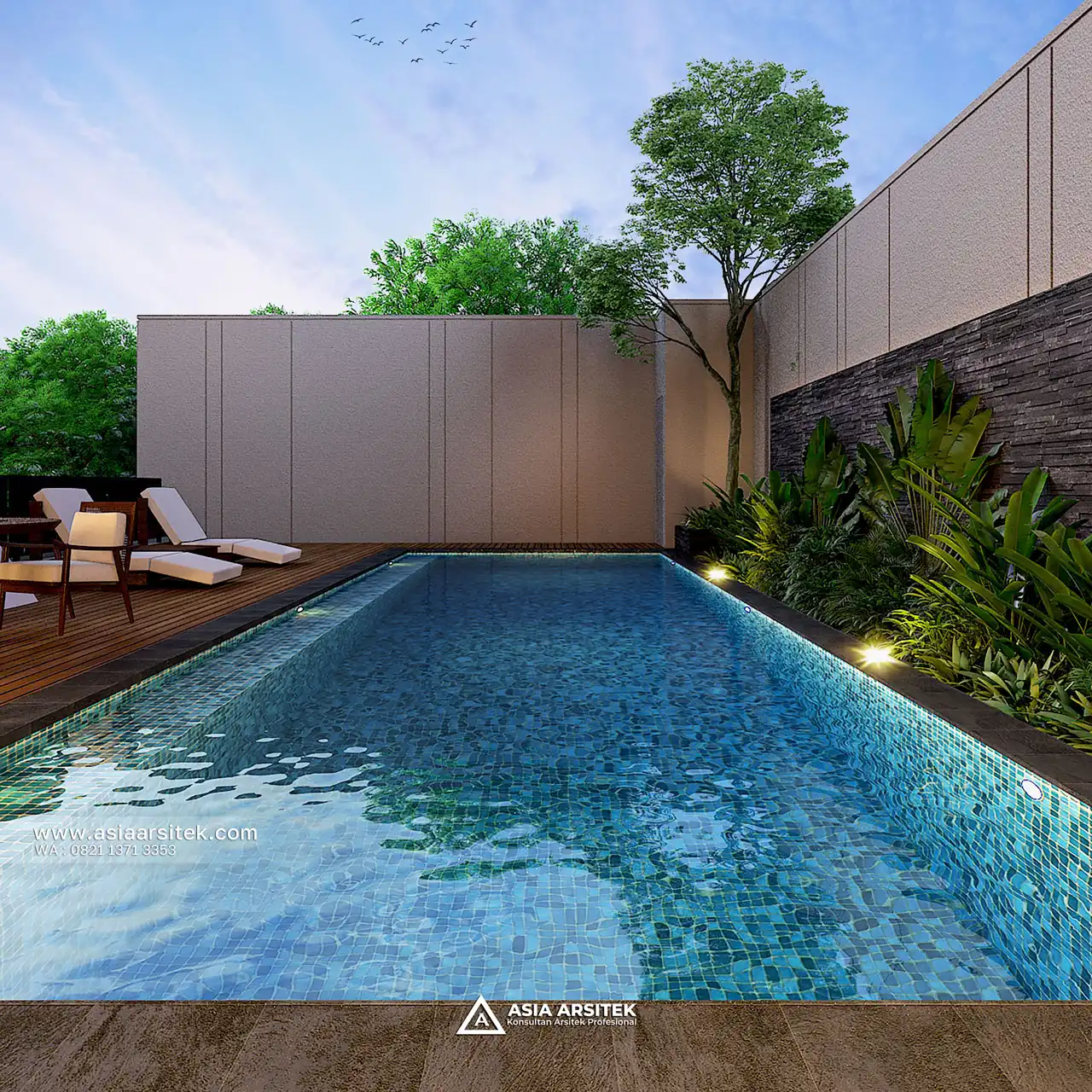 Desain View Kolam Renang Rumah Modern 3 Lantai Ibu LS di BSD Tangerang Selatan