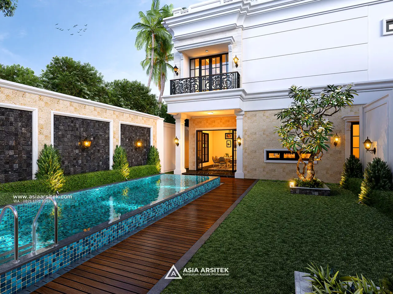 Desain View Kolam Renang Rumah Tropis 2 Lantai Bapak RZ di Pulo Gebang Jakarta Timur