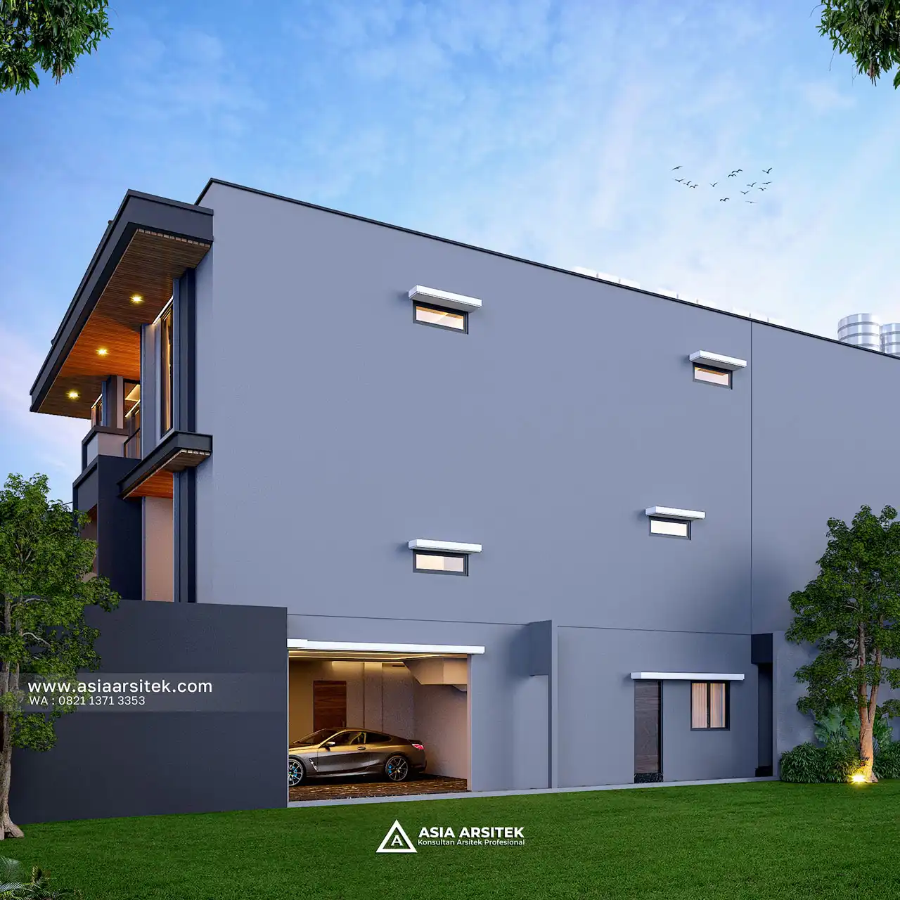 Desain View Samping Kanan Rumah Modern 3 Lantai Ibu LS di BSD Tangerang Selatan